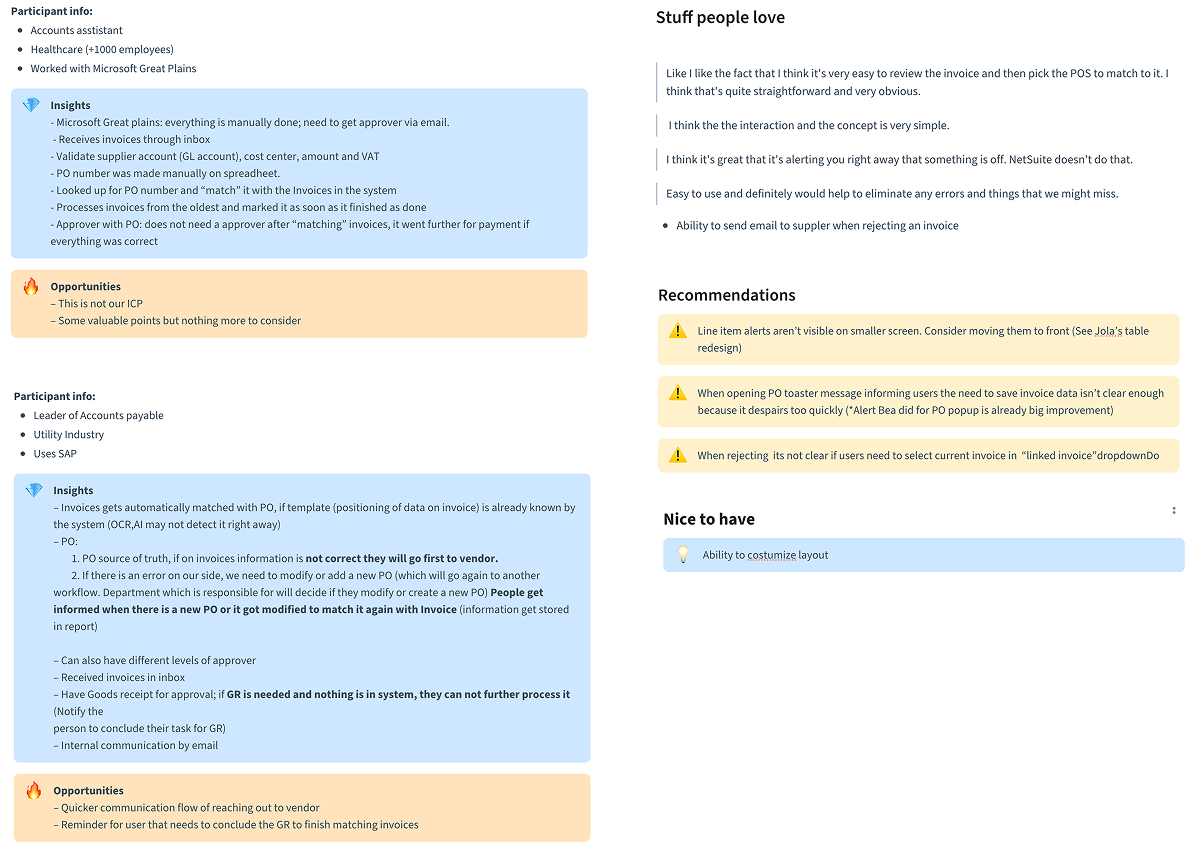 PO matching insights: participant feedback, stuff people love, recommendations, and nice to have